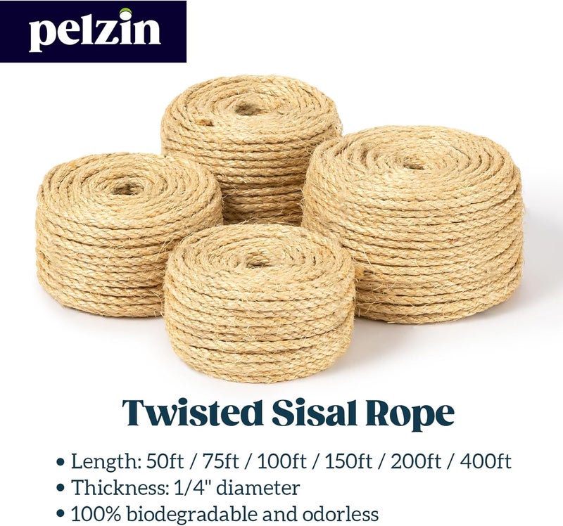 PELZIN Natural Sisal Rope for Cat Scratcher 1/4 Inch by 100 Feet, Cat Tree Rope Twine for Cat Scratching Post Replacement, Cat Tower with Scratch Post Repairing, Replace, Recovering and DIY, Natural - Image 3